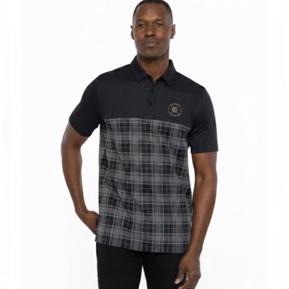 Travis Mathew X St Andrews “Perfect Plaid” SA18 Black Grey Tartan Polo Large NWT